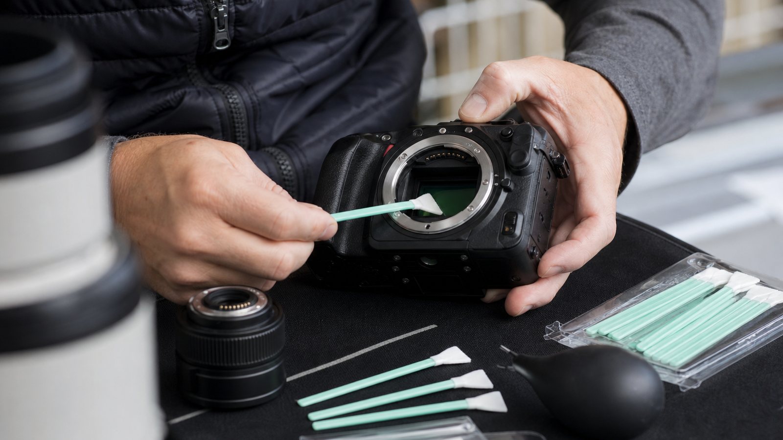 Technicien nettoyant le capteur d'un appareil photo à l'atelier entre deux locations