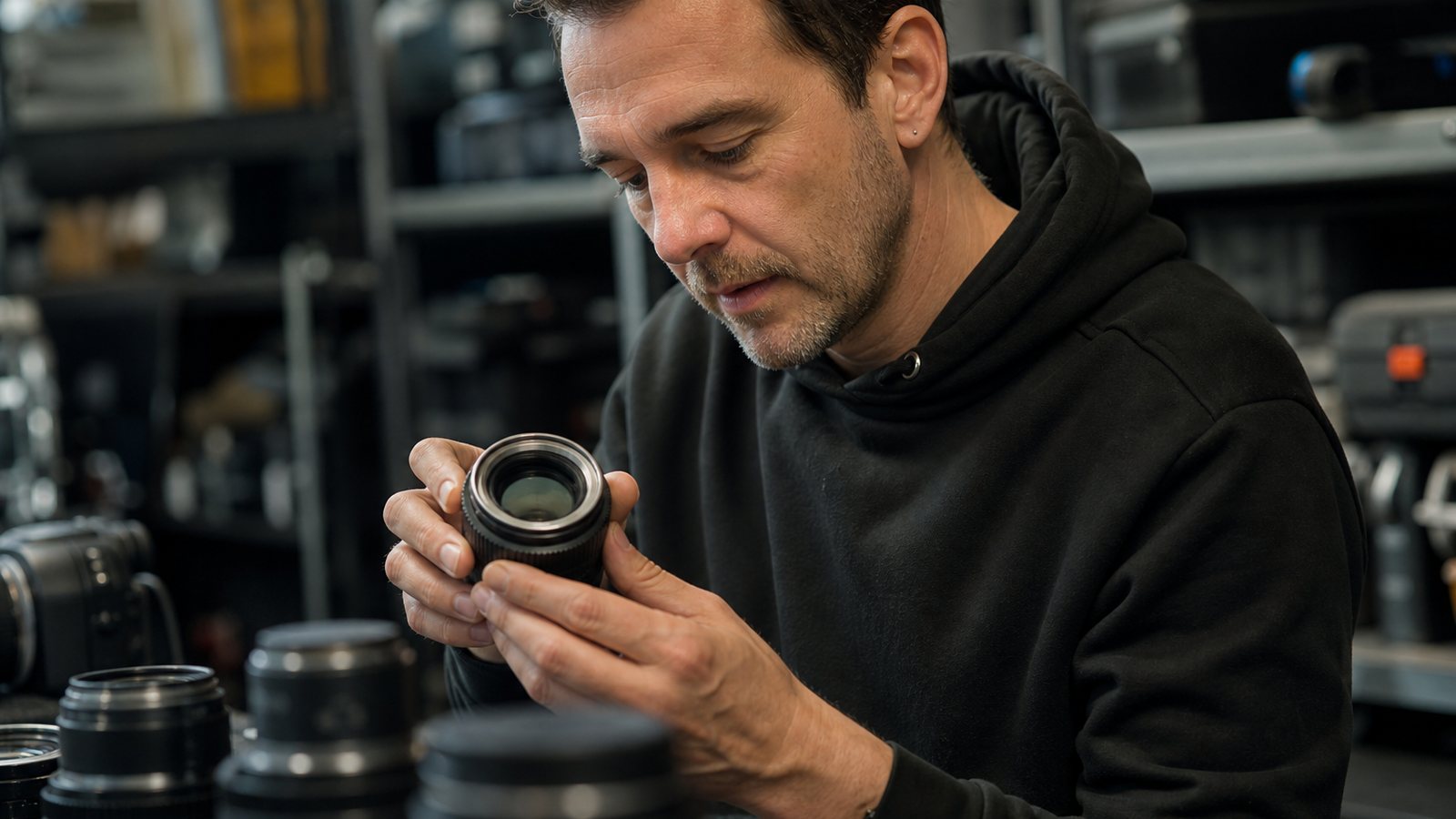 Loueur photographiant l'objectif d'un appareil pour constater son état avant remise au client