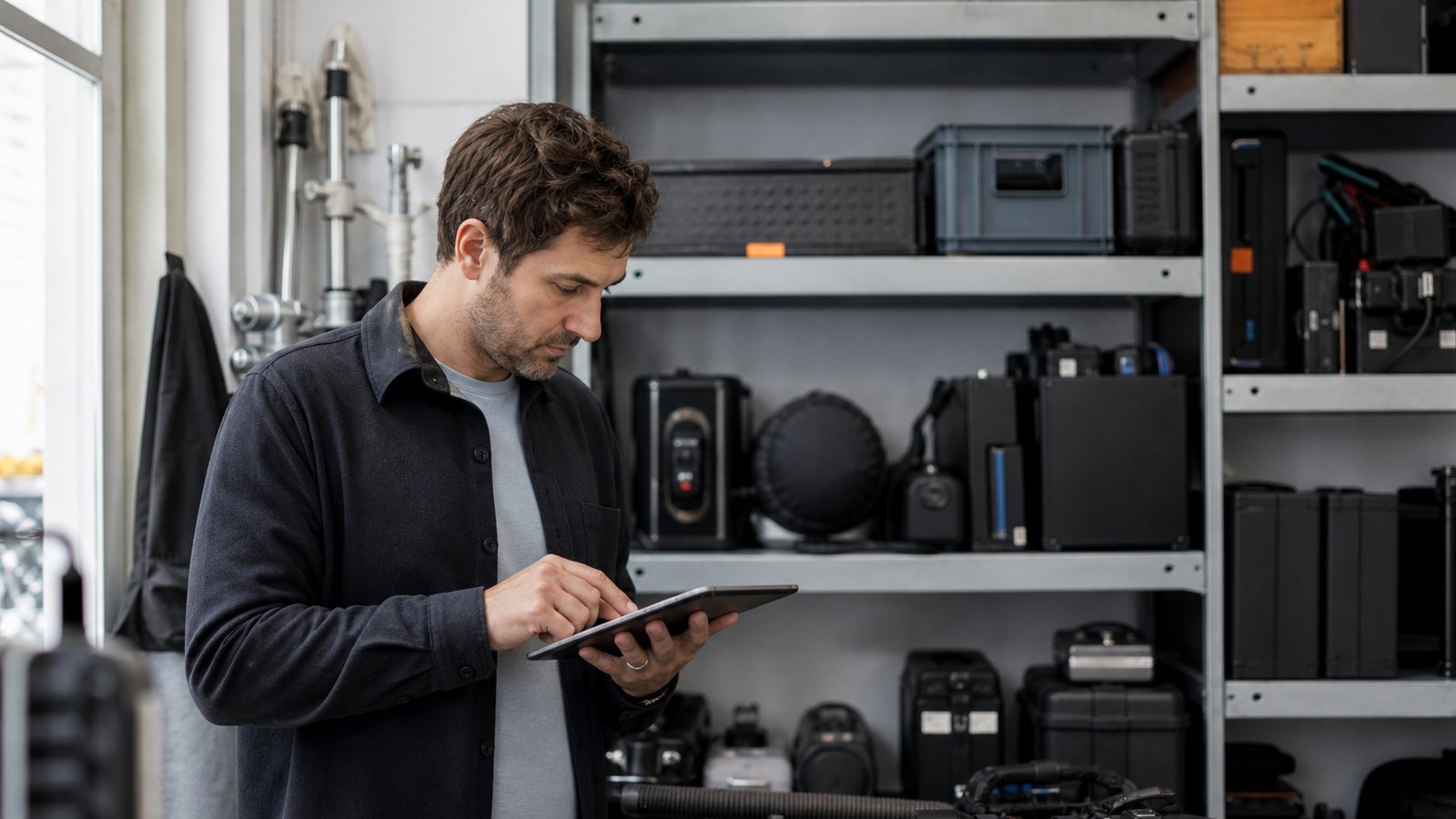 Loueur de matériel consultant ses réservations sur une tablette dans son dépôt