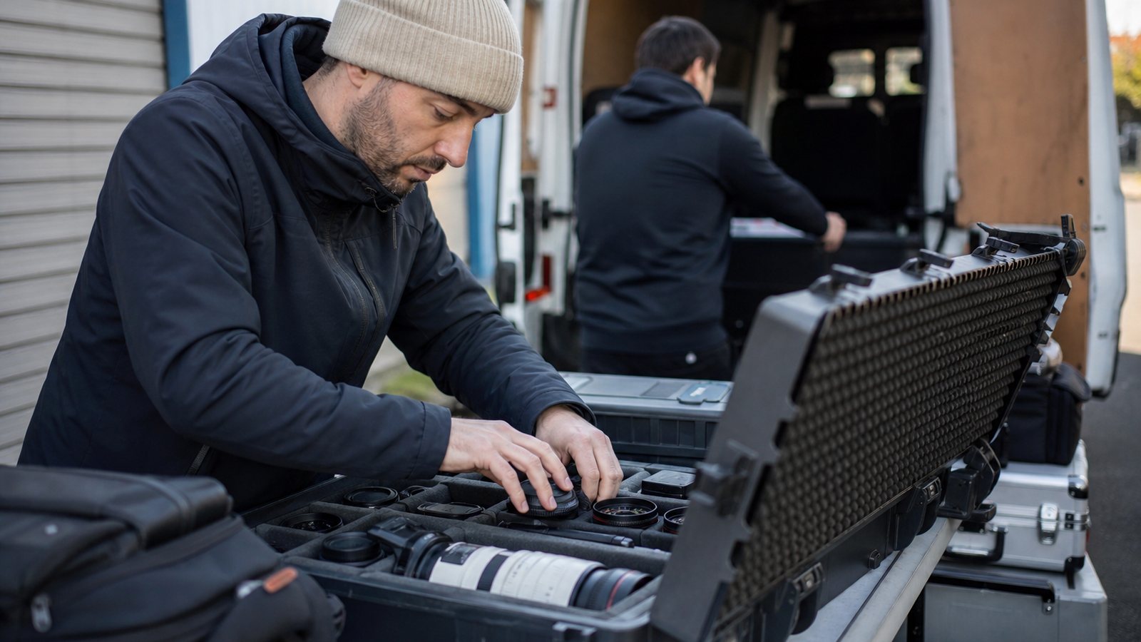 Préparation d'un kit audiovisuel en valise avec caméra, batteries et câbles avant un événement
